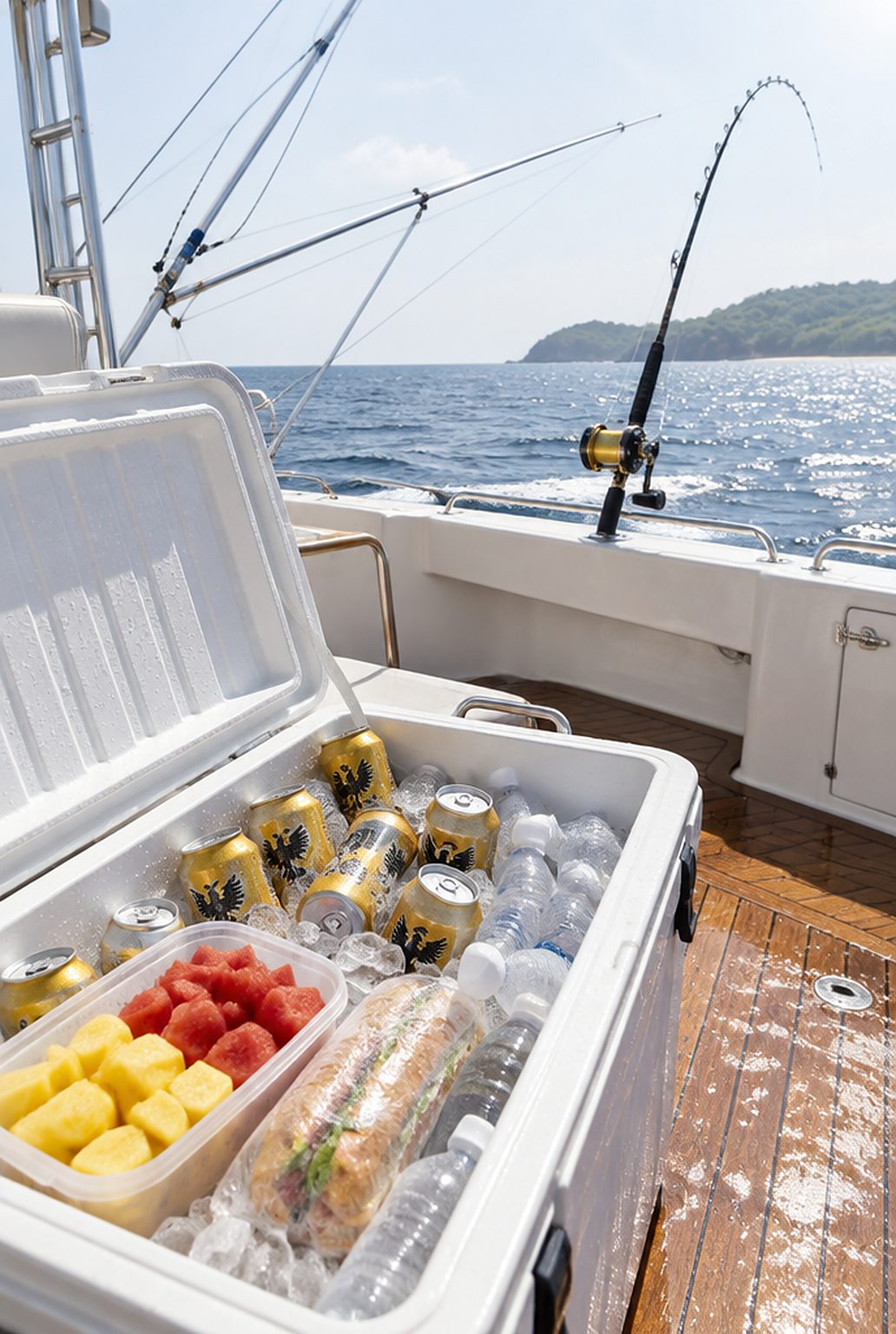 Cooler open on deck: cold beer, fruit and a sandwich